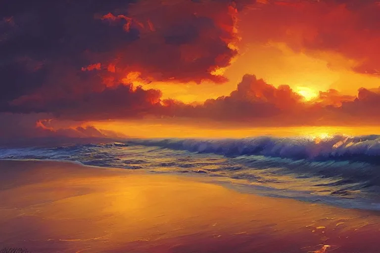 Image similar to a beautiful nature landscape with clouds, ocean waves, sunset, by rhads