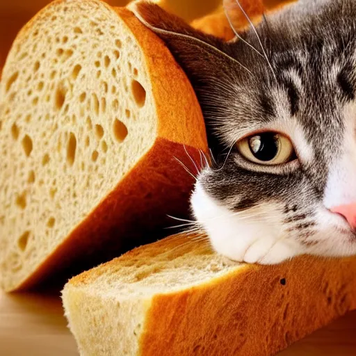 Image similar to a cute cat sticking its face through a slice of bread