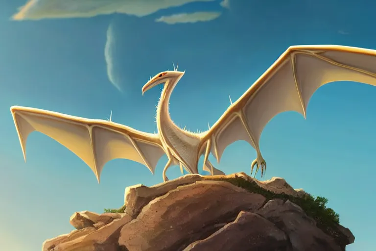 Image similar to a closeup of a large smooth skinned white creature hybrid pterosaur alien, small quills along it's back, long fangs, sitting on a cliff high in the sky, sunset, backlit, beautiful composition, over a rocky shore, jagged rocks in the far distance, by makoto shinkai an krenz cushart