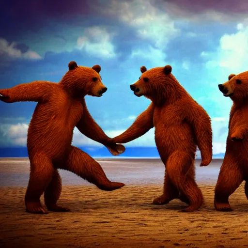 Image similar to Bears dancing at a party at the beach, cinematic, atmospheric, 8k resolution, ArtStation, Hyperrealistic