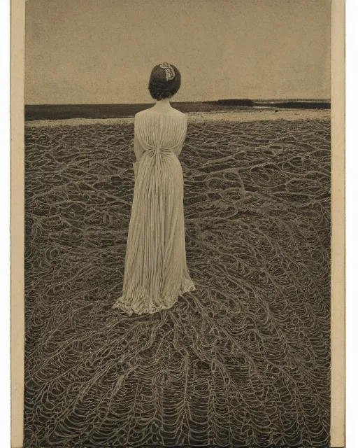 Image similar to a woman standing at the shore, made of intricate decorative lace leaf skeleton, in the style of the dutch masters and gregory crewdson, dark and moody