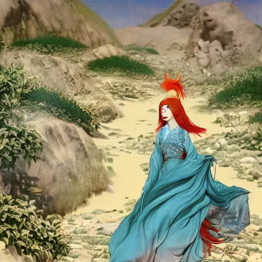 Prompt: beautiful oriental girl walks around Socotra among endemic plants, flowers and snags in a long transparent flowing dress and meets mystical animals, mystical insects, mystical birds, lizards, snakes, gorgeous, Atmosphere, hypnotic dimensions, mythology, Rococo, photorealism, in the style of Jin Kagetsu, James Jean and wlop, Valentin Serov style, Hieronymus Bosch style, Zdzislaw Beksinski style, hyperrealistic, sharp focus, intricate concept art, digital painting, ambient lighting, 4k, hdt, artstation trending on Gsociety, trending on ArtstationHQ, trending on deviantart, professionally post-processed, wide-angle action dynamic portraithyperdetailed, hyper quality, 16K