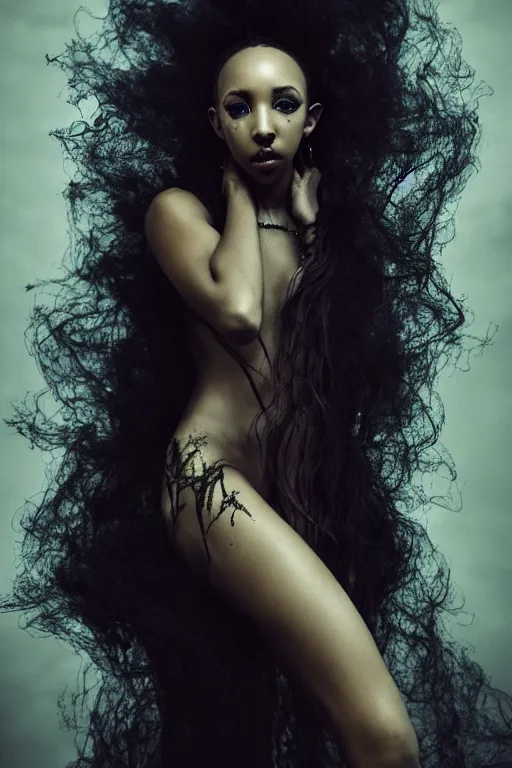 Image similar to photoshoot of tinashe as mysterious dark goddess of death, realism, clouds, swirling energy, torn fabric, elaborate ornate growth, gilded relief, volumetric lighting, light shafts, ambient light, trending on artstation, by alessio albi