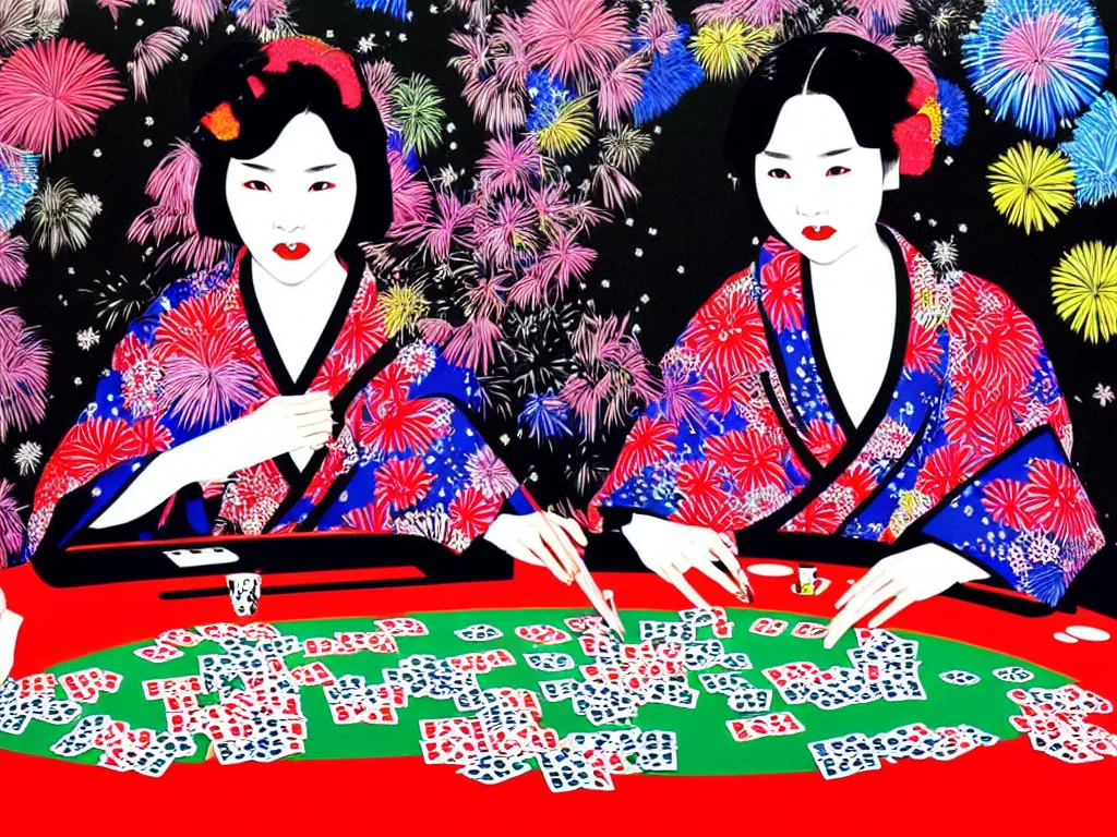 Image similar to hyperrealistic composition of the detailed woman in a japanese kimono sitting at a extremely detailed poker table with detailed darth vader, fireworks, mount fuji on the background, pop - art style, jacky tsai style, andy warhol style, acrylic on canvas