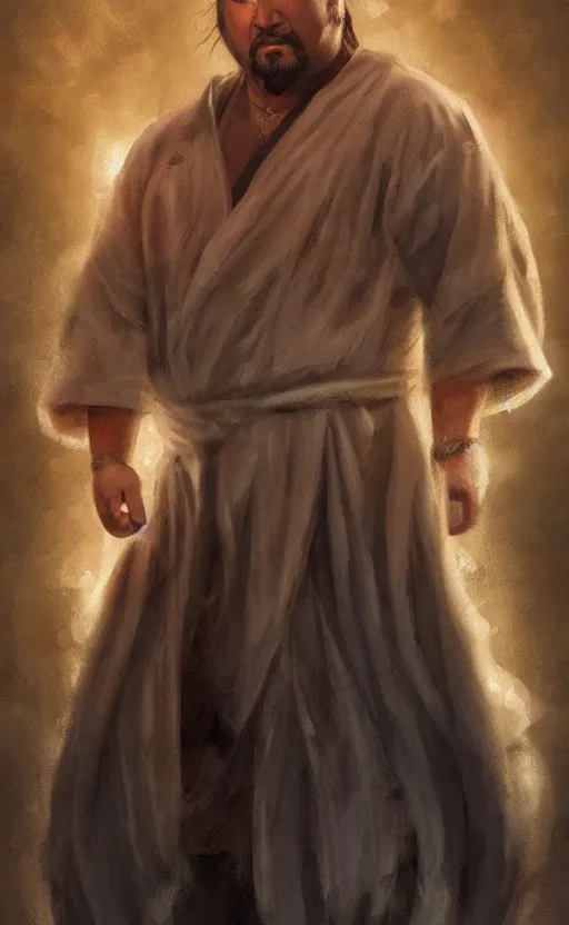 Image similar to fat steven seagal with wild hair and bright eyes. he's wearing a flowing bathrobe made of light, airy fabric and he has a mischievous look on his face, dynamic lighting, photorealistic fantasy concept art, trending on art station, stunning visuals, creative, cinematic, ultra detailed