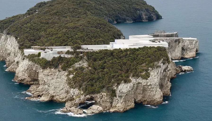 Image similar to big military base perched on a cliff overlooking a magnificient bay, laboratory, drawing architecture, science fiction, pritzker architecture prize, greig fraser