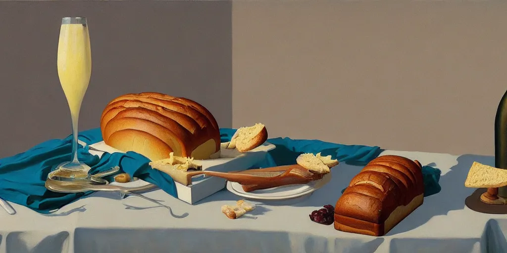 Image similar to an achingly beautiful still life featuring loaf of bread head with wine and Cheese very coherent, painted by Edward Hopper, Wayne Barlowe, painted by James Gilleard, airbrush, art by JamesJean