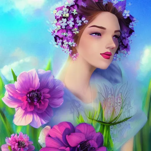 Image similar to a picture of a dreaming woman with flowers grow out of hair, roses peonies forget-me-nots dahlias lupins gladioli, sky theme in background, Digital Art, Trending on artstation