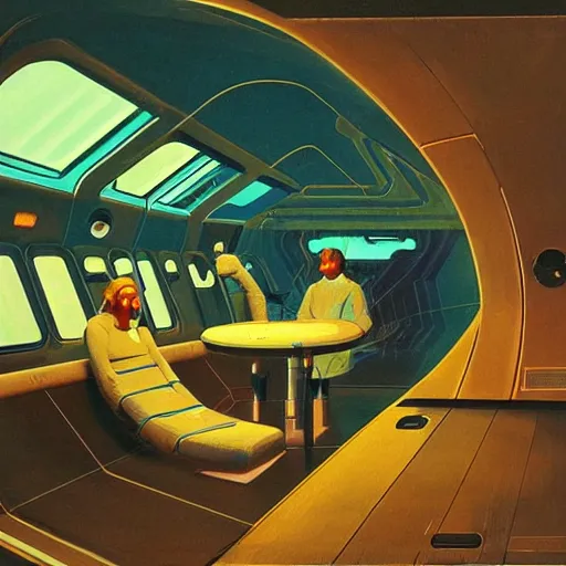 Prompt: Cozy interior of a space station in space, teal lighting, cozy lighting, space seen outside from a window, by Syd Mead, John Harris, Federico Pelat