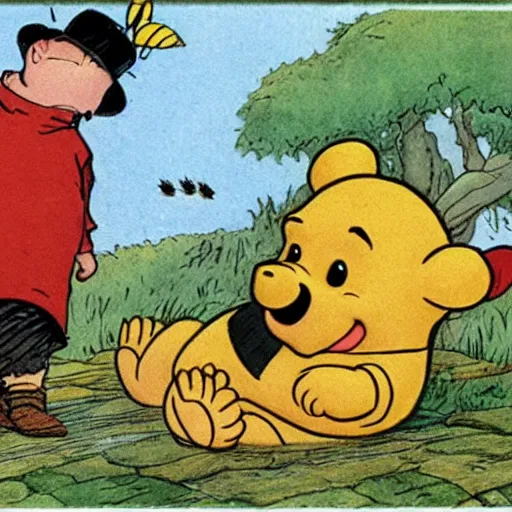 Prompt: Winnie The Poo is being killed by many bee stings in the style of E. H. Shepard