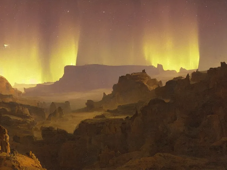 Prompt: an oil painting of a canyon on an alien planet with a distant outpost at dusk with aurora lighting up the sky and a small shooting star by carl spitzweg and tuomas korpi. baroque elements, full-length view. baroque element. intricate artwork by caravaggio. Trending on artstation. 8k