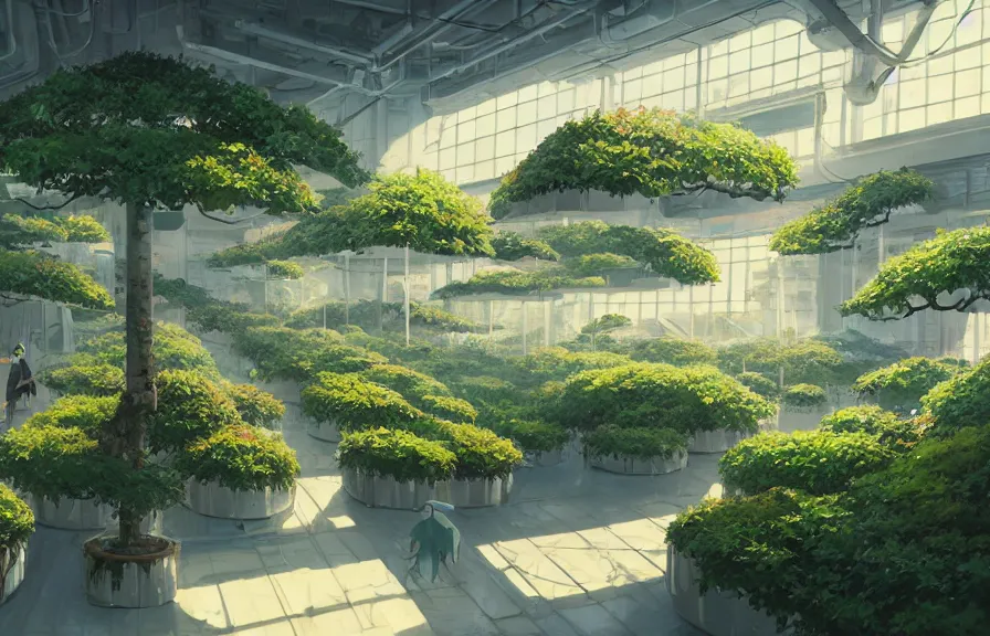 Image similar to concept art of a lush indoor hydroponics lab full of bonsai fruit trees in a far - future utopian city, key visual, ambient lighting, highly detailed, digital painting, artstation, concept art, sharp focus, by makoto shinkai and akihiko yoshida and hidari and wlop