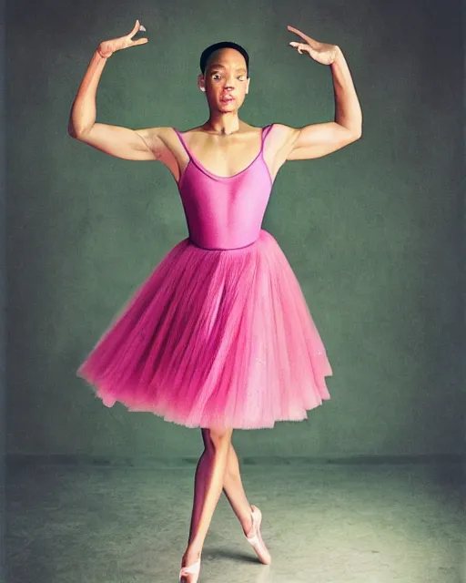 Prompt: will smith wearing a pink ballerina dress, dramatic lighting, digital art, artgerm, restoration, candid portrait by annie leibowitz