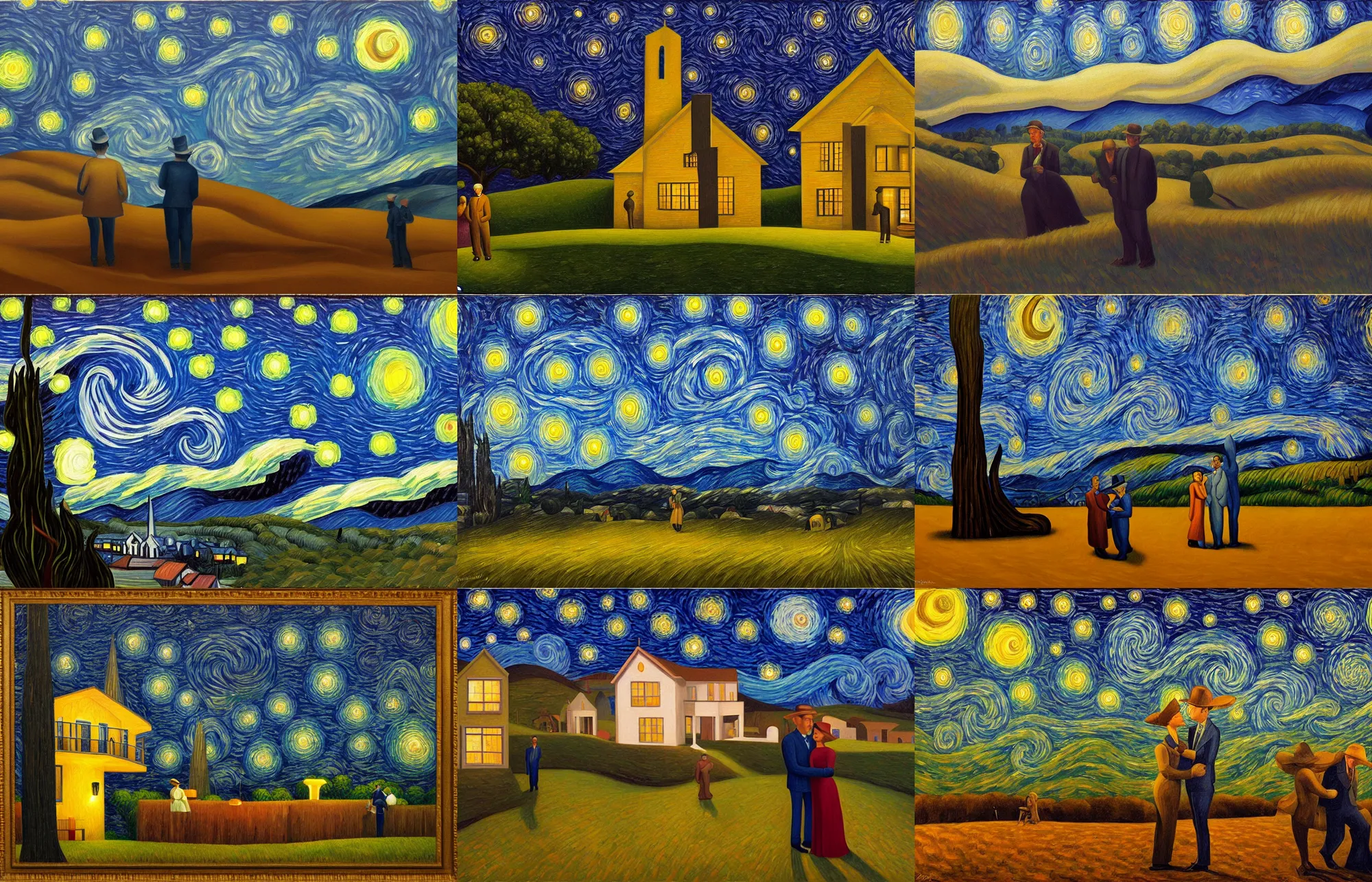 Prompt: the starry night, in the style of grant wood, pj crook, edward hopper, oil on canvas, artstation, deviantart