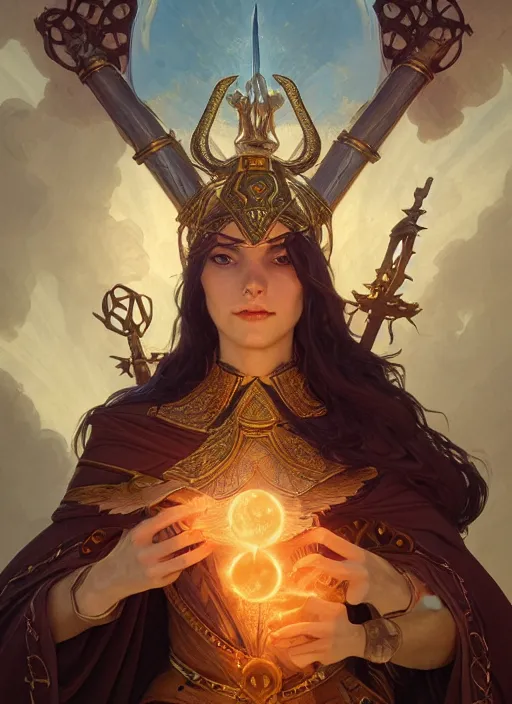 Image similar to photography of tarot card justice, deep focus, d & d, fantasy, intricate, elegant, highly detailed, digital painting, artstation, concept art, matte, sharp focus, illustration, hearthstone, art by artgerm and greg rutkowski and alphonse mucha