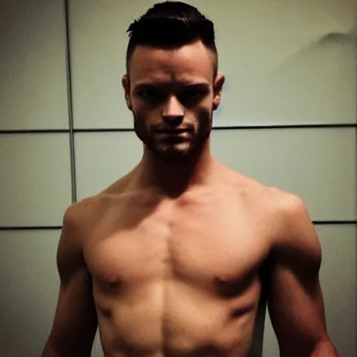 Image similar to “a realistic detailed photo of a guy who is an attractive humanoid who is half robot and half humanoid, who is a male android, Finn Balor, shiny skin, posing like a statue, blank stare”
