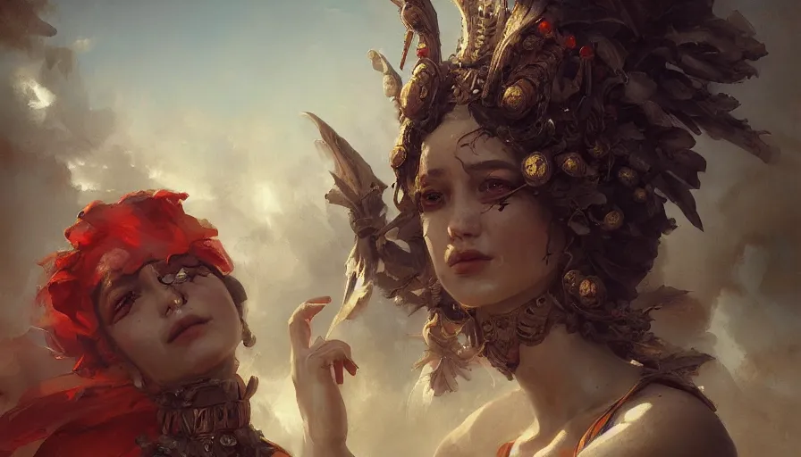 Image similar to the last day of Pompeji, no noise, elegant, concept art, sharp focus, digital art, smooth, by Brom!!, Guangjian Huang, Tom Bagshaw, Sargent, trending on artstation, pov