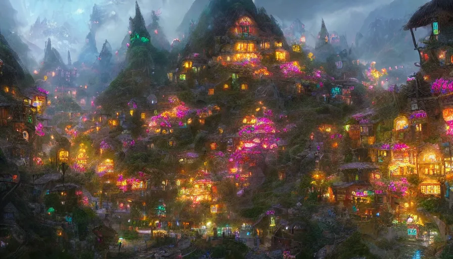 Prompt: village built in flowery mountains, glow lights at night, hyperdetailed, artstation, cgsociety, 8 k