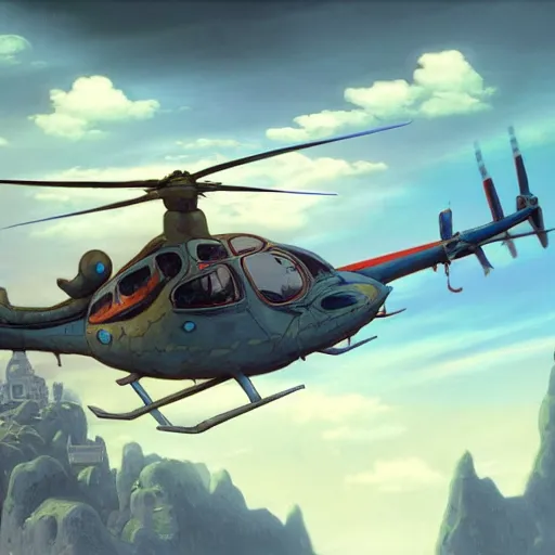 Image similar to highly detailed matte painting of smurfs piloting a helicopter, by Artgerm,Greg Rutkowski,Alphonse Mucha, 4k resolution ((cloudy background))