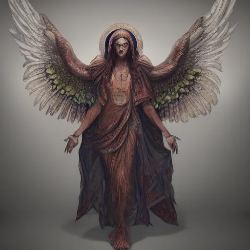 Image similar to giant imposing seraphim with many eyes and many wings, no face, eyes everywhere, hyper realistic, glowing, terrifying, byzantine, artstation