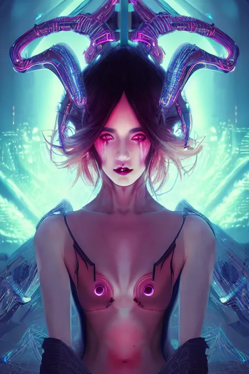 Image similar to portrait futuristic Devil Girl with horns and wings, in future cyberpunk tokyo rooftop , ssci-fi, fantasy, intricate, very very beautiful, elegant, human anatomy, neon light, highly detailed, digital painting, artstation, concept art, smooth, sharp focus, illustration, art by tian zi and WLOP and alphonse mucha