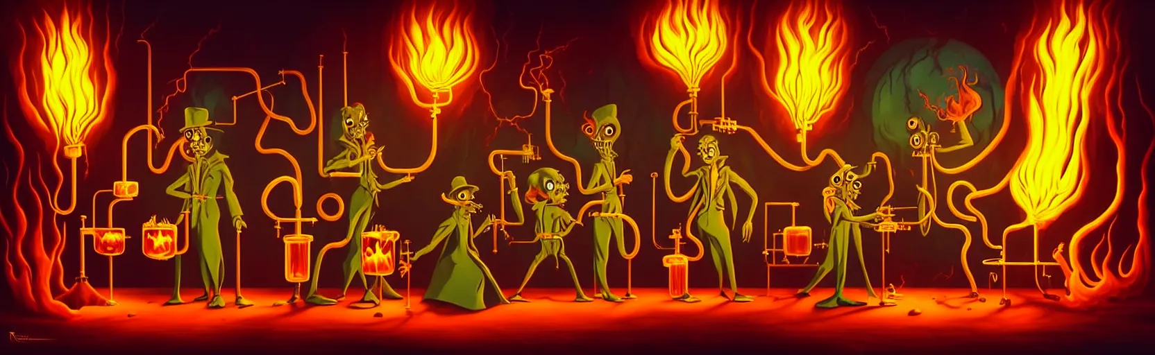 Image similar to uncanny alchemist monsters in a fiery alchemical lab, dramatic lighting, surreal 1 9 3 0 s fleischer cartoon characters, surreal painting by ronny khalil