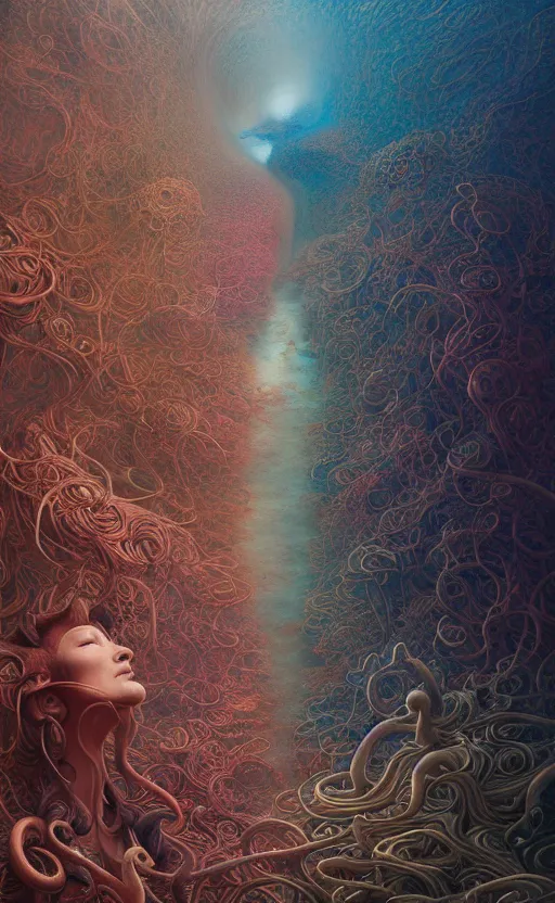 Prompt: a whirlwind of souls rushing inside the metaverse, gorgeous, great barrier reef, intricate, in the style of james jean, brian froud, zdzisław beksinski, hyperdetailed, sharp focus, intricate concept art, digital painting, ambient lighting, 1 6 k, trending on artstationhq, hyper quality