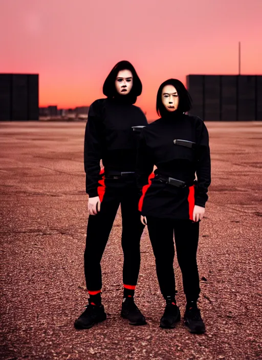 Image similar to cinestill 5 0 d photograph of 2 women wearing black techwear in front of a brutalist sharp - edged metal building, closeup, on a desolate plain with a red sky, dystopia, cyberpunk, 4 k, 8 k, depth of field, high resolution, realistic faces, hd, raw