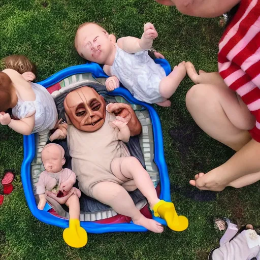 Image similar to playground nap - time with baby voldemort and baby harry potter and baby yoda and baby groot and baby mando and baby gummi bear, block party.