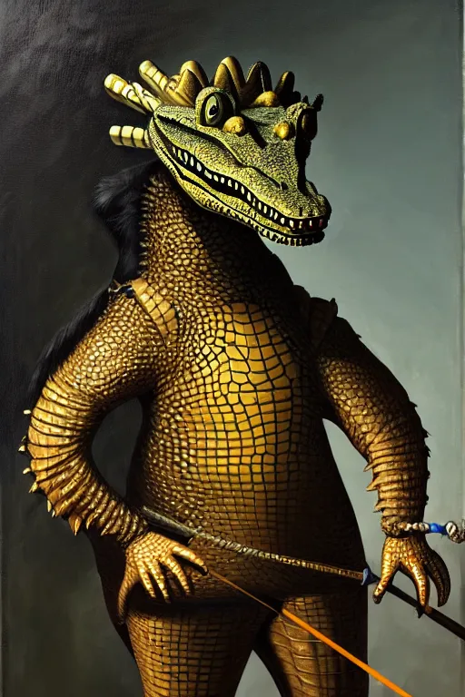 Prompt: royal portrait of an anthropomorphic male alligator fursona in fencing gear, furry art, oil on canvas, dramatic