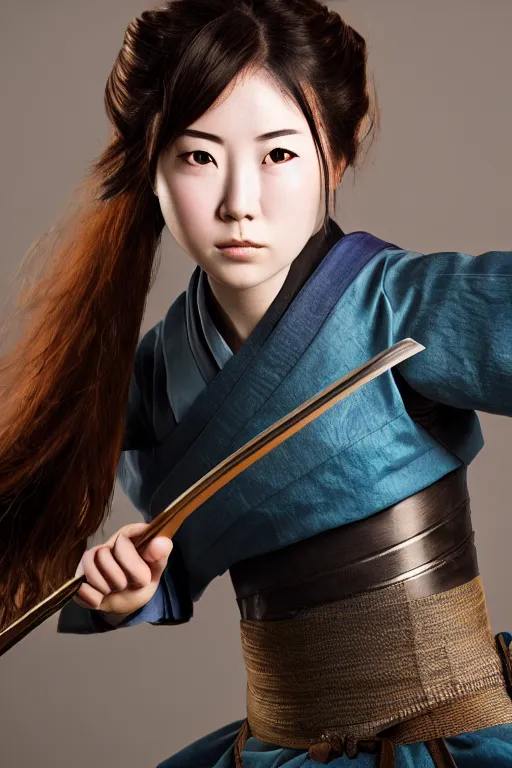 Image similar to highly detailed beautiful photo of a young female samurai, practising sword stances, symmetrical face, beautiful eyes, realistic anime art style, 8 k, award winning photo, pastels, action photography, 1 / 1 2 5 shutter speed, dramatic lighting