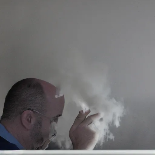 Prompt: steam comes out from the head of a bald man