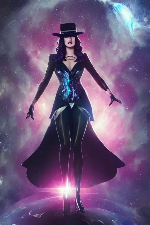 Image similar to a zatanna dc comics, wearing a dress made of stars and nebulae, dramatic, volumetric lighting, planets in the background, smooth, sharp focus, very detailed, by greg rutkowski, artstation, tom badshaw, 8 k, symmetrical face