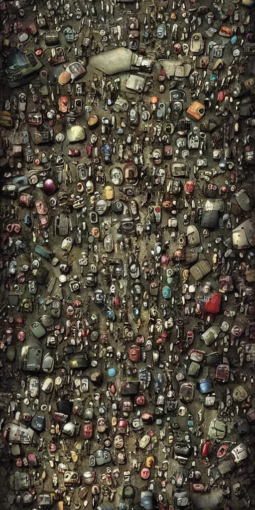 Image similar to a mobile phone junkyard scene by alexander jansson and where's waldo