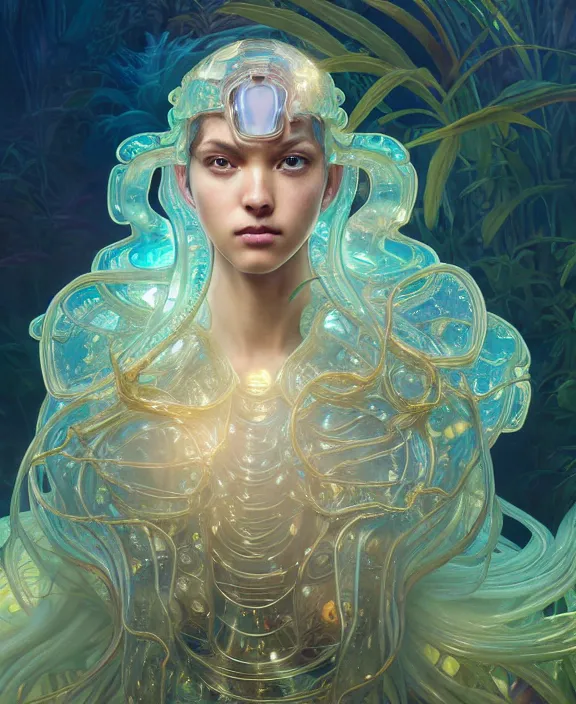 Image similar to intricate ornate opulent transparent clear see - through portrait of a beautiful male gundam alien sea slug, mottled coloring, adorable, childlike, overgrown jungle environment, ultra realistic, concept art, art nouveau, photorealistic, octane render, 8 k, unreal engine. art by christopher marley and artgerm and greg rutkowski and alphonse mucha