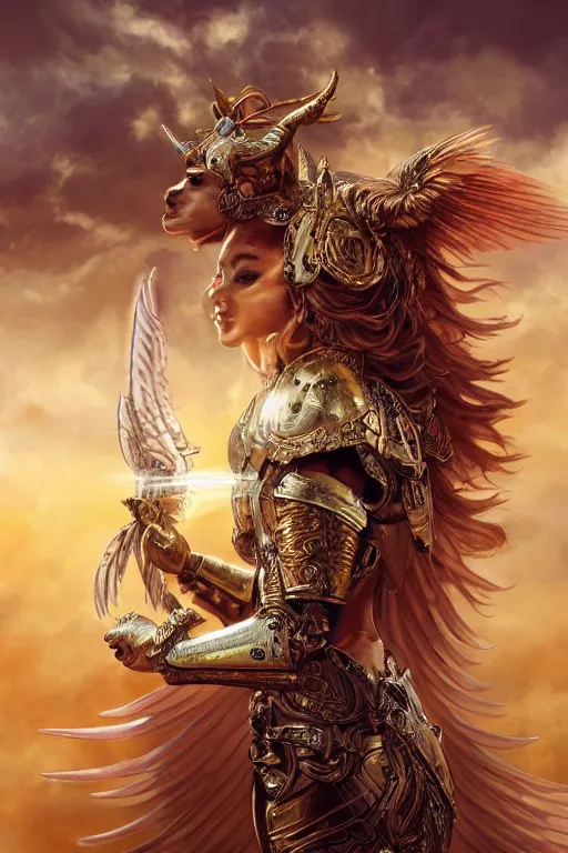 Prompt: A beautiful fierce llama angel with wings, wearing metal battle armor and a flaming sword, among heavenly sunlit clouds, close-up, intricate, elegant, digital painting, golden hour photo, cinematic, trending on artstation, concept art, smooth, sharp focus, illustration, art by artgerm and Greg Rutkowski and Alphonse Mucha