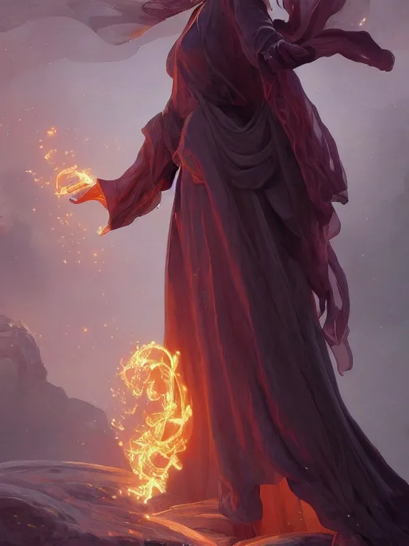 Image similar to young summoner with a fire elemental, fantasy, man, thick robes, intricate, elegant, highly detailed, digital painting, artstation, concept art, wallpaper, smooth, sharp focus, illustration, art by artgerm and greg rutkowski and alphonse mucha