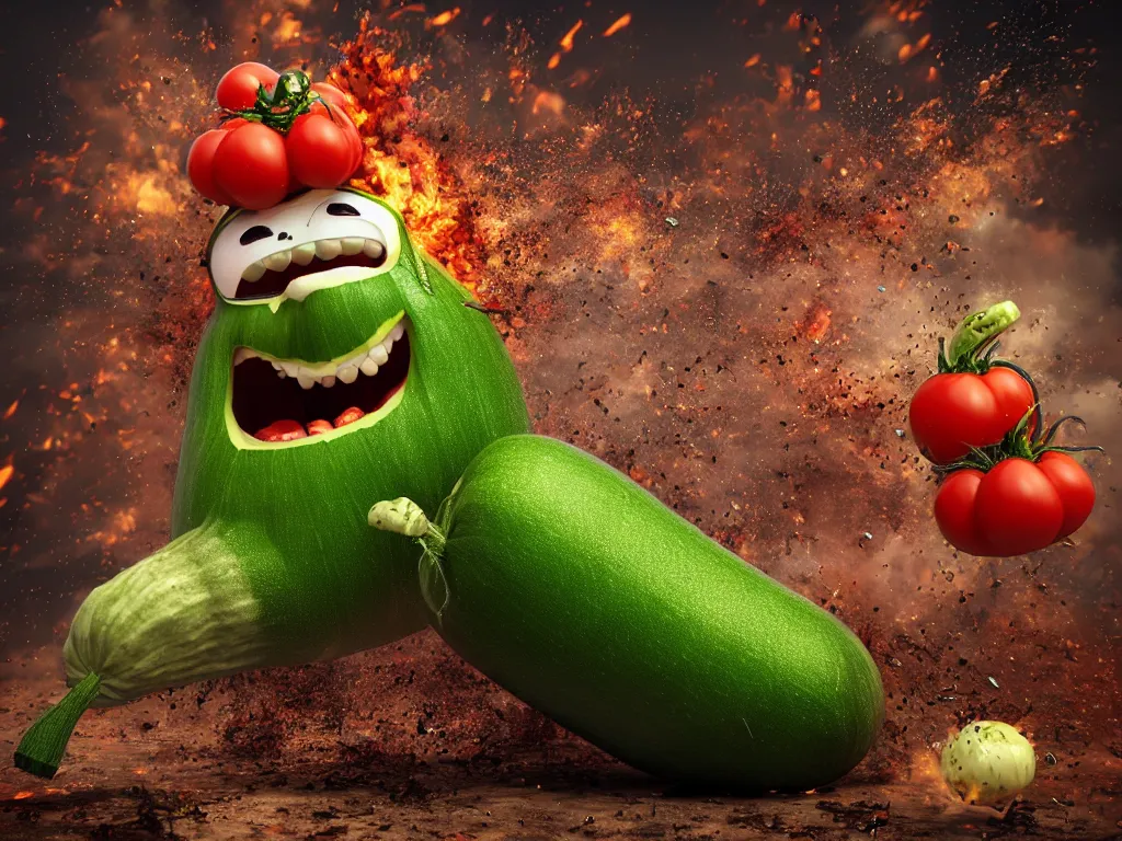 Prompt: highly detailed 3 d render of a raging mad angry zucchini character, burning scissors flying, dirt road, scared tomates scattered everywhere, high speed action, explosions, dramatic scene, hyper realistic octane render, cinematic lighting, tomato splatter, deviantart, black sky, lowbrow, surrealism, pixar influenced, mayhem