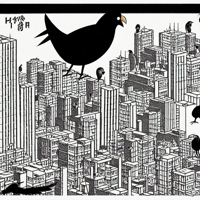 Image similar to a still frame from comic strip, black funny hairy bird 1 9 5 0, hasui kawase, herluf bidstrup, new yorker illustration, monochrome bw, lineart, manga, tadanori yokoo, simplified, isometric blueprint