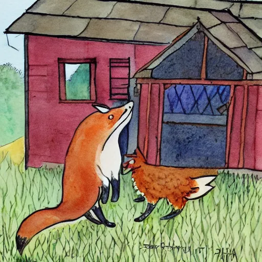 Image similar to fox dancing with a chicken in a hen house, watercolor illustration,