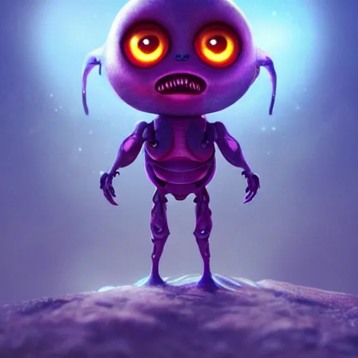 Prompt: adorable glowing alien, trending on artstation, cute, big eyes, matte painting, concept art, pixar, disney, highly detailed, cinematic composition, unreal engine, 3 d rendered in octane