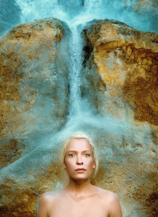 Image similar to !dream Kodak Portra 400, 8K, soft light, volumetric lighting, highly detailed, star trek style 3/4 ,portrait photo of Rena Nōnen, the face emerges from a thermal water flowing down gold travertine terraces, with lotus flowers, inspired by Ophelia paint , a beautiful luxurious royal suit, intricate hair with highly detailed realistic beautiful flowers , Realistic, Refined, Highly Detailed, ethereal lighting colors scheme, outdoor fine art photography, Hyper realistic, photo realistic