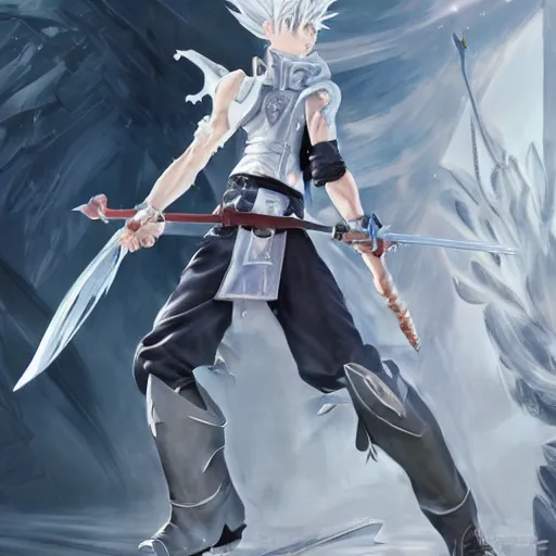 Prompt: a white haired boy with a massive elaborate spear. character design. gesture drawing. line of action. official art, concept art. tetsuya nomura. final fantasy. makoto shinkai ray tracing hdr. 8 k. uhd. sharp focus. beautiful face. wideshot. highly detailed. masterpiece. cinematic lighting..