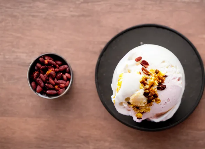 Image similar to dslr food photograph of ice cream sundae with baked bean topping, 8 5 mm f 1. 8