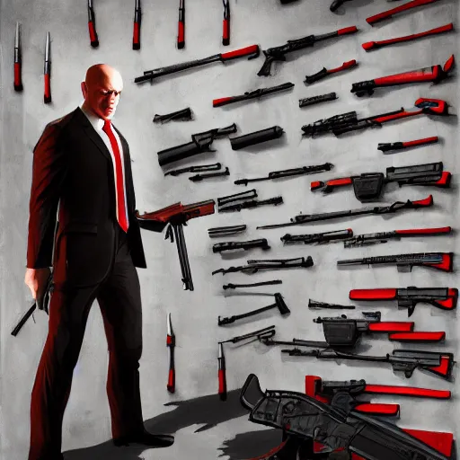 Image similar to a portrait of agent 4 7 from hitman choosing a weapon from a wall full of guns, dark background, red rim light, highly detailed, digital art, artstation, concept art by giger stalenhag