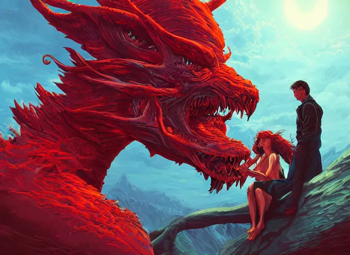 Prompt: couple, woman loves demon, sit upon a scarlet coloured beast, pain, light effect, hyper detailed, intricate, elegant, highly detailed, digital painting, artstation, concept art, matte, sharp focus, illustration, by dan mumford, yusuke murata, makoto shinkai, ross tran