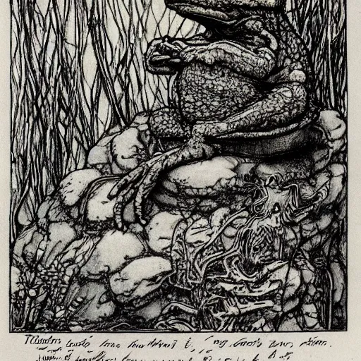 Image similar to toad philosopher toad in a pose The Thinker, swamp, illustrations by irish fairy tales james stephens arthur rackham, fairy tale illustrations, green ratio