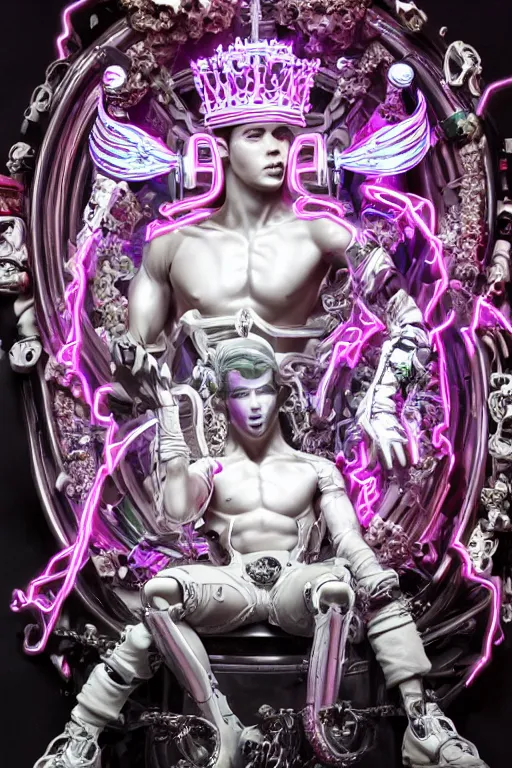 Image similar to full-body rococo and cyberpunk style neon statue of a muscular attractive Nick Jonas macho dotado e rico android sim roupa reclining con las piernas abertas e la piroca dura, glowing white laser eyes, prince crown of pink gears, diamonds, swirling silver-colored silk fabric. futuristic elements. full-length view. space robots. human skulls. intricate artwork by caravaggio. Trending on artstation, octane render, cinematic lighting from the right, hyper realism, octane render, 8k, depth of field, 3D