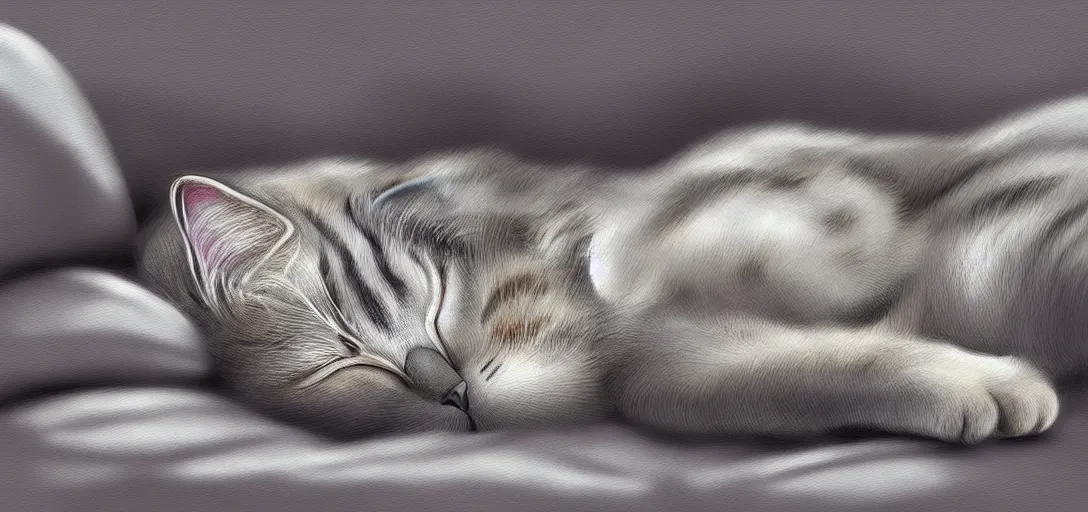 Image similar to cat sleeping in bed, digital art