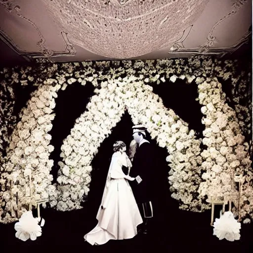 Prompt: A wide full shot, colored black and White Russian and Japanese mix historical fantasy a photograph portrait taken of inside a royal wedding floral covered aisle inspired by a enchanted ethereal forest, 1907 photo from the official wedding photographer for the royal wedding.